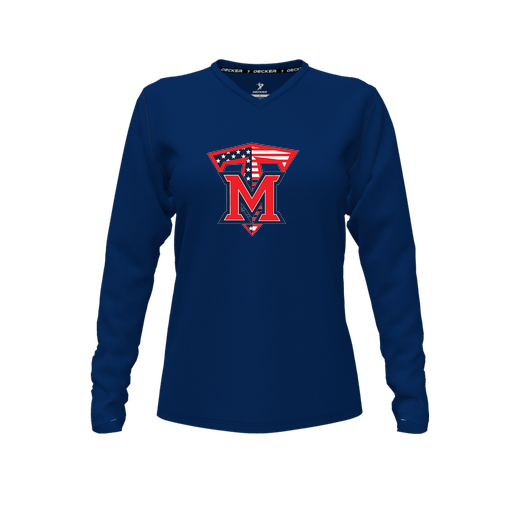 [CUS-DFW-TEES-CMF-VNK-LSL-NVY-FYXS-LOGO1] Decker Comfort T-Shirt (Female Youth XS, Navy, V Neck, Logo 1, Long Sleeve)